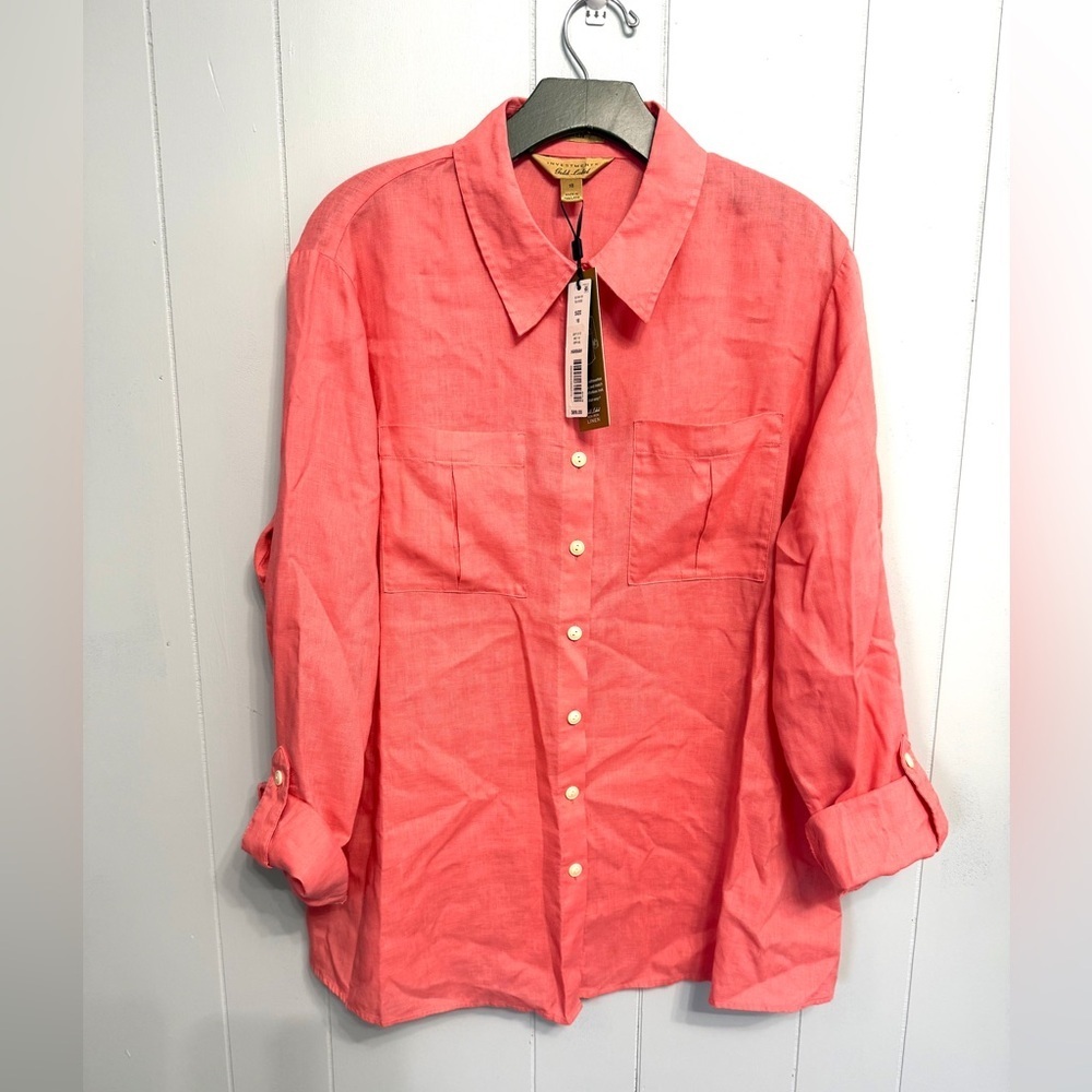 NWT Investments Linen Coral Casual Button-Down Shirt